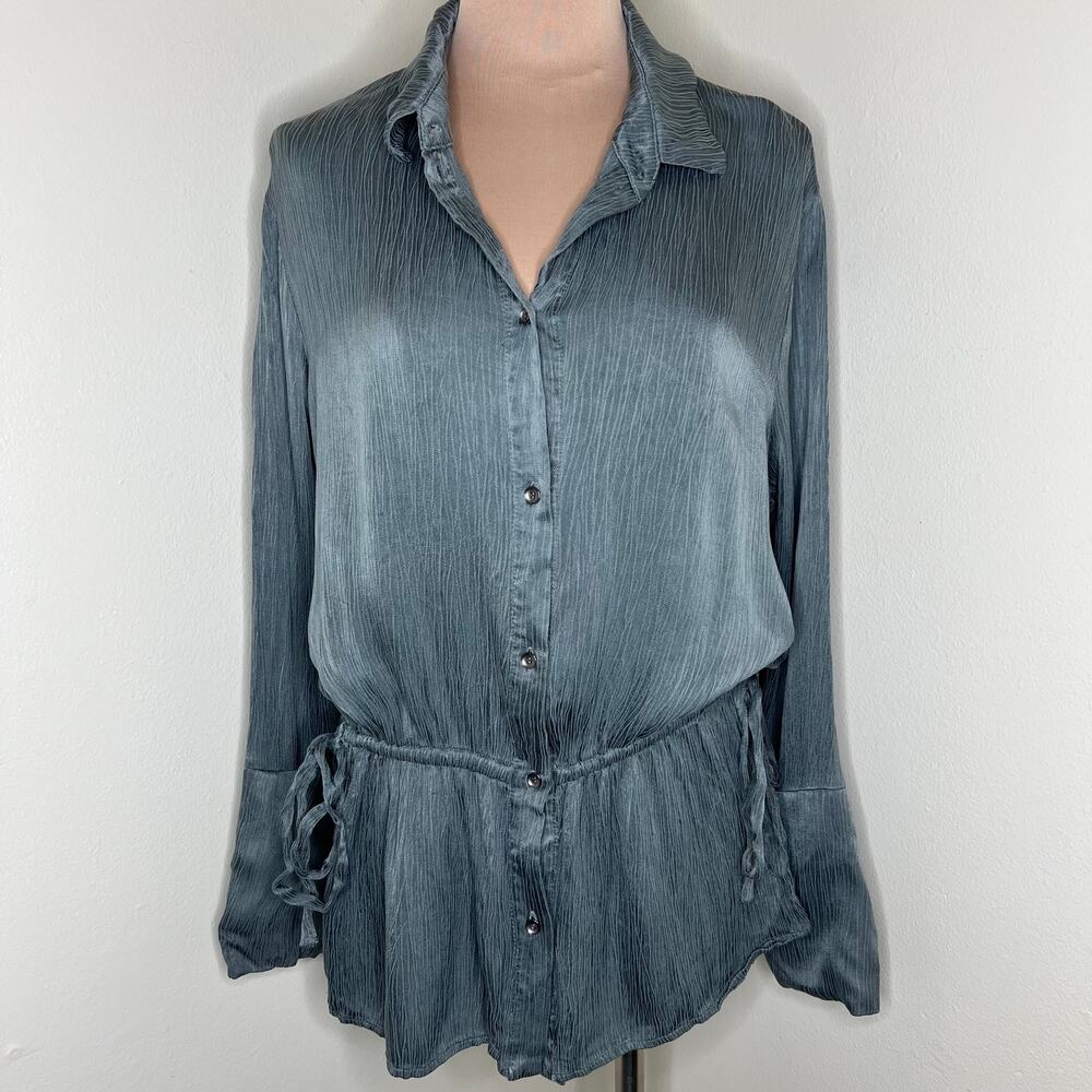 Beau Jours Blouson Top XL Womens Gray Long Sleeve Button Up Cinched Waist Tunic